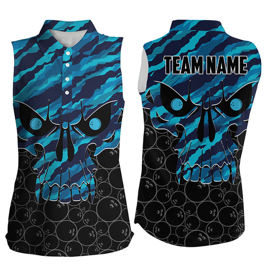 Personalized Skull Bowling sleeveless polo Shirt for women Custom Team blue camo Bowler Jersey NQS6410