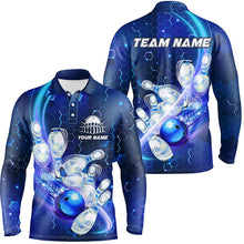 Load image into Gallery viewer, Mens polo bowling shirts Custom blue light bowling ball pins hexagon pattern Bowling Team Jersey NQS6639