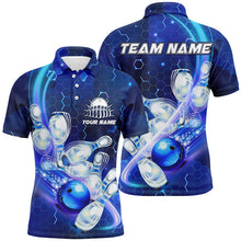 Load image into Gallery viewer, Mens polo bowling shirts Custom blue light bowling ball pins hexagon pattern Bowling Team Jersey NQS6639