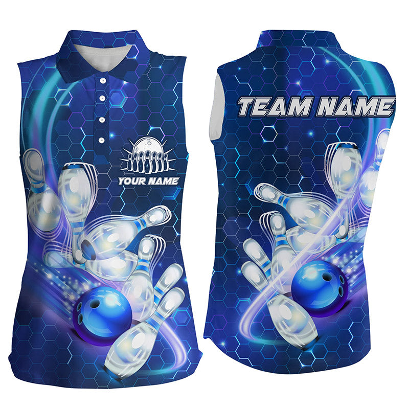 Women bowling sleeveless polo shirts Custom blue light bowling ball pins hexagon pattern Team Jersey NQS6639