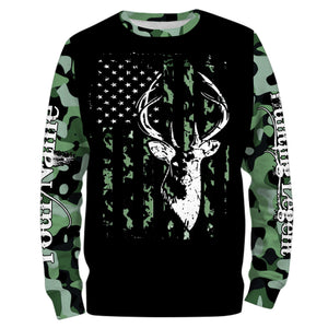 Deer hunting legend deer skull green camo American flag custom name deer hunting shirts NQSD54