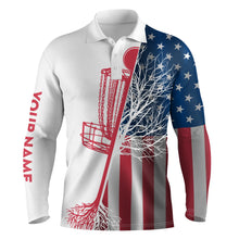 Load image into Gallery viewer, Mens disc golf polo shirt custom name American flag disc golf basket, personalized disc golf shirts NQS4738