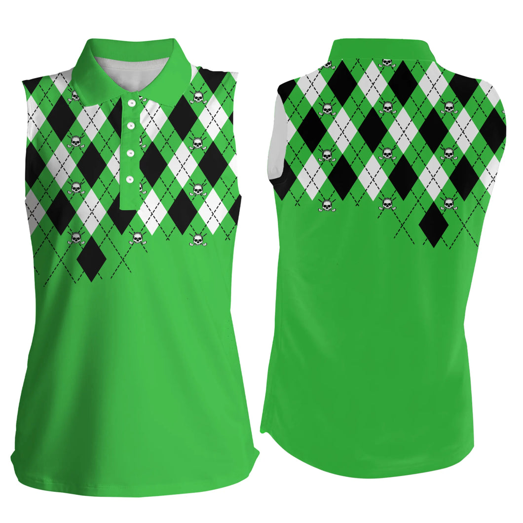 Women Sleeveless polo shirt plus size green argyle plaid golf skull pattern ladies green golf tops NQS4966