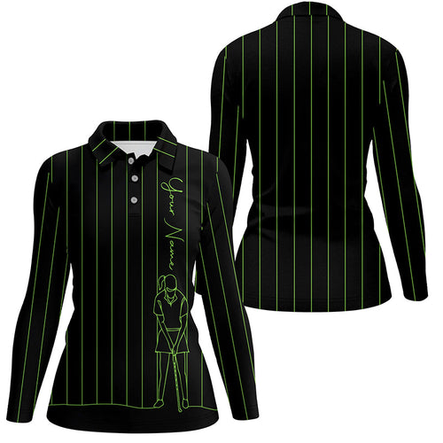 Personalized golf polo shirt for women custom green stripes black golf tops womens, golf gift for girl NQS7307