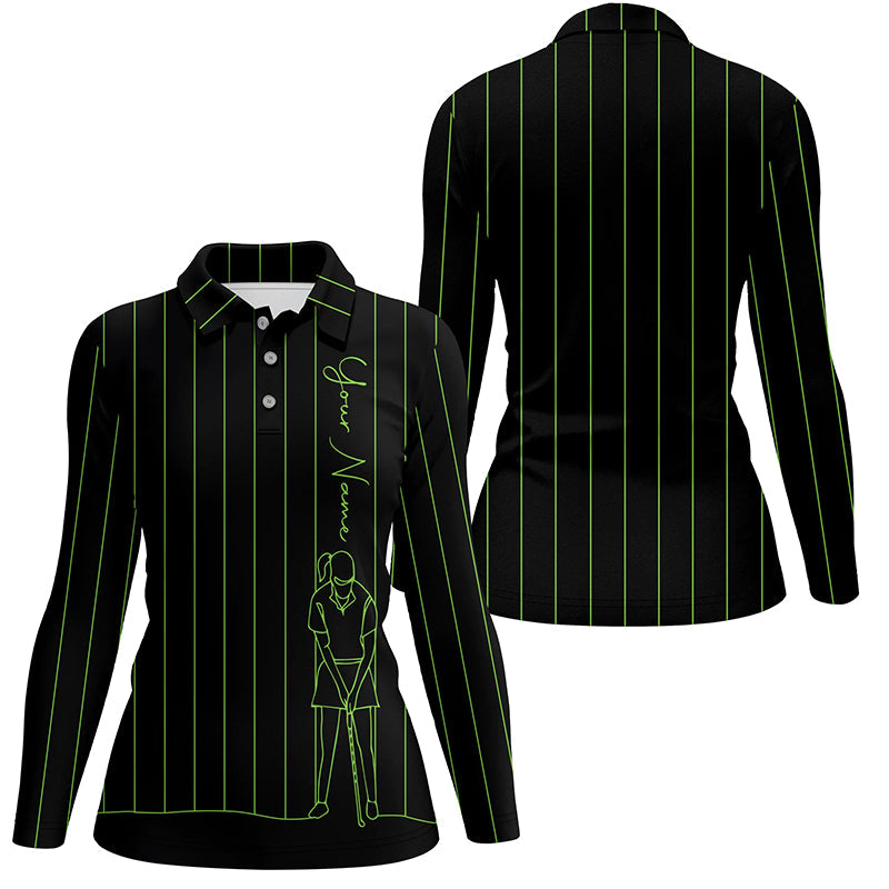 Personalized golf polo shirt for women custom green stripes black golf tops womens, golf gift for girl NQS7307