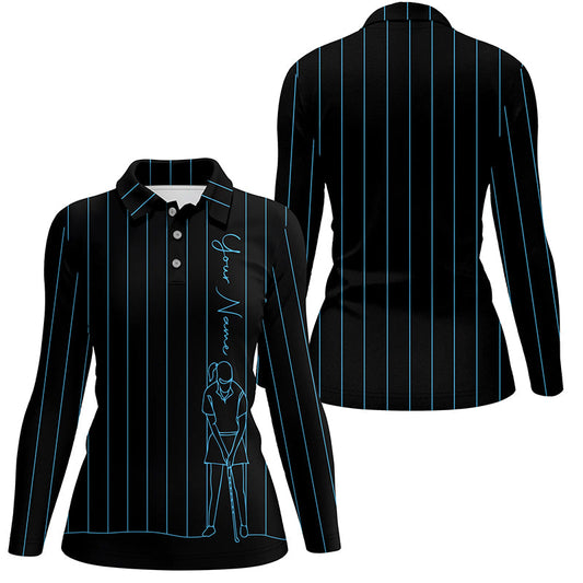 Personalized golf polo shirt for women custom blue stripes black golf tops womens, golf gift for girl NQS7308