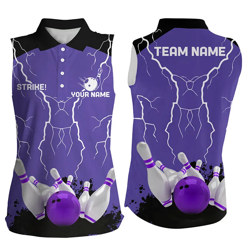 Women sleeveless polo shirts Custom bowling strike lightning storm team league jersey | Purple NQS6645