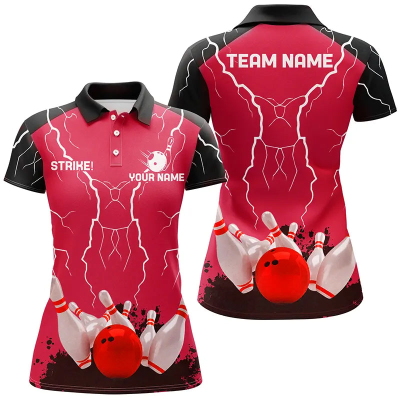 Women bowling polo shirt Custom bowling strike lightning storm thunder team league jersey | Red NQS6646