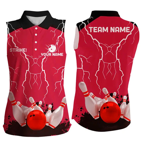 Women sleeveless polo shirts Custom bowling strike lightning storm team league jersey | Red NQS6646