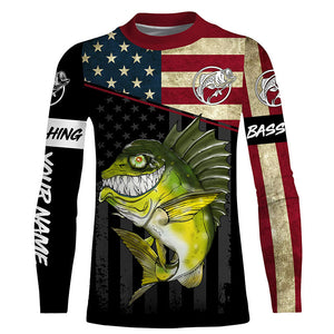 Funny Bass fishing American flag UV protection Custom long sleeve