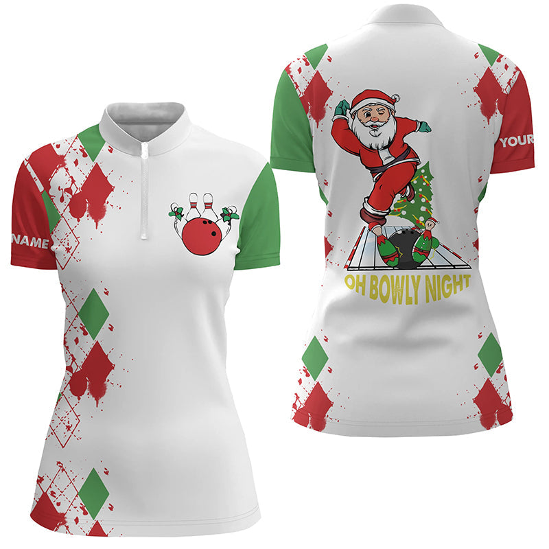 Bowling Quarter Zip shirts for women custom funny Santa white Christmas bowling shirts oh bowly night NQS6883