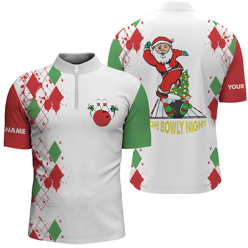 Bowling Quarter Zip shirts for men custom funny Santa white Christmas bowling shirts oh bowly night NQS6883