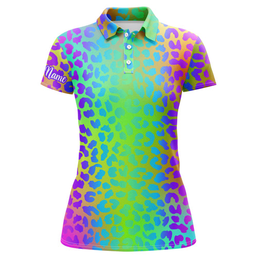 Womens golf polo shirt neon rainbow leopard print custom ladies pattern golf shirt, women golf top NQS4750