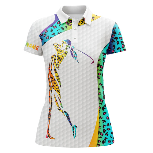 Rainbow neon leopard pattern golf white Womens golf polo shirts custom name golf gifts for women NQS4977