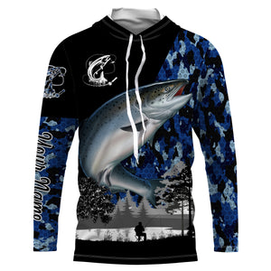 Chinook Salmon (King salmon) Fish blue camo Custom name performance anti UV long sleeve fishing shirts NQS3629