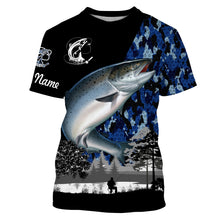 Load image into Gallery viewer, Chinook Salmon (King salmon) Fish blue camo Custom name performance anti UV long sleeve fishing shirts NQS3629