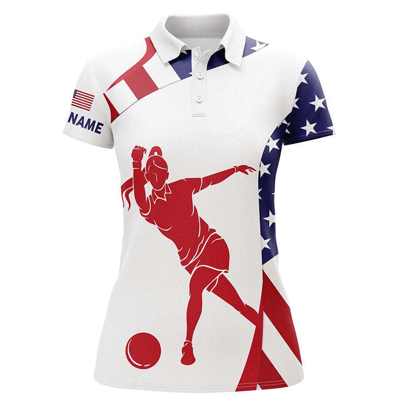 Personalized Bowling Shirt for women Custom American flag patriotic Bowler Jersey polo shirt NQS6422