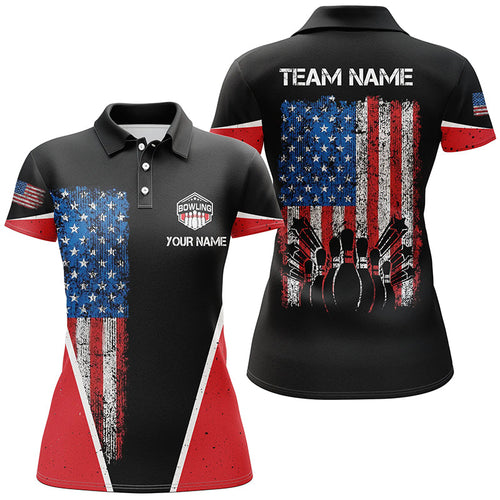 Personalized retro Bowling polo Shirt for women vintage American flag patriotic custom Bowler Jerseys NQS6423