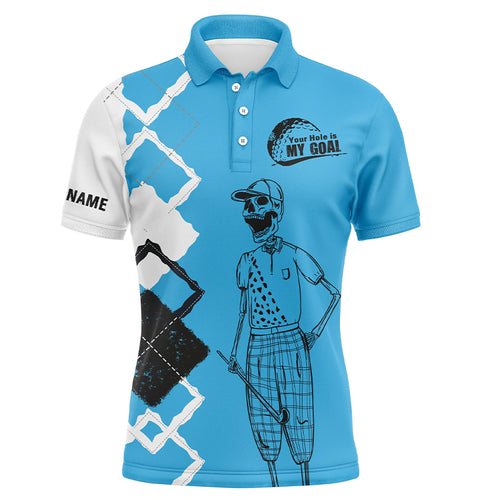 Funny golf shirts skull custom Mens golf polos shirts your hole is my goal, golf gifts for him | Blue NQS4590