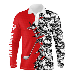 Mens short long sleeve golf tops polo red pattern skull golf clubs custom golf performance shirts NQS4759