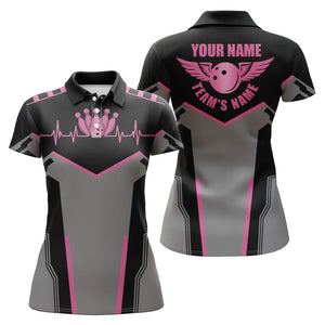 Bowling shirts for women custom name and team name Bowling Ball and Pins womens polo Shirts | Pink NQS4764