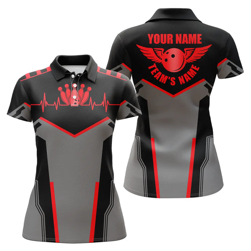 Bowling shirts for women custom name and team name Bowling Ball and Pins womens polo Shirts | Red NQS4764
