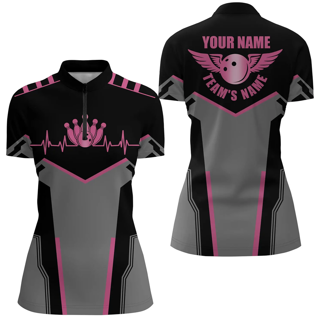 Bowling shirts for women custom name and team name Bowling Ball and Pins Quarter Zip Shirts | Pink NQS4764