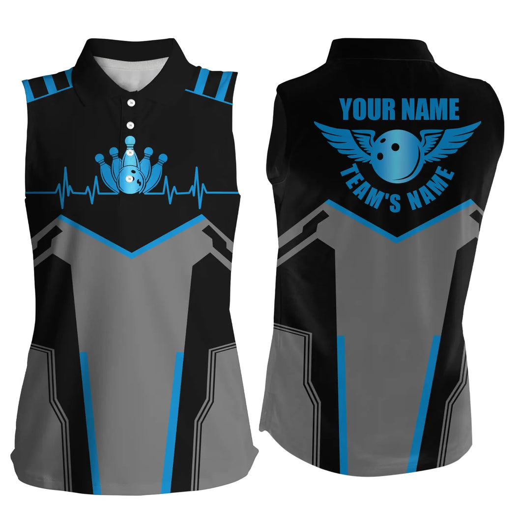 Bowling shirts for women custom name and team name Bowling Ball and Pins sleeveless polo Shirts | Blue NQS4764