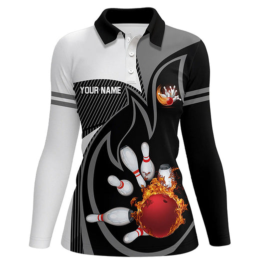 Black and White Bowling polo Shirt for women Custom red flame team bowling ball and pins Jerseys NQS7172