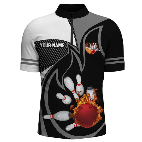 Black and White Bowling Quarter Zip Shirt for men Custom red flame team bowling ball and pins Jerseys NQS7172