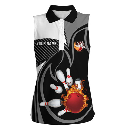 Black and White Bowling sleeveless polo Shirt for women Custom red flame team bowling ball pins Jersey NQS7172