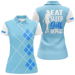 Women golf polo shirts custom name eat sleep golf repeat blue argyle pattern ladies golf top for women NQS5004