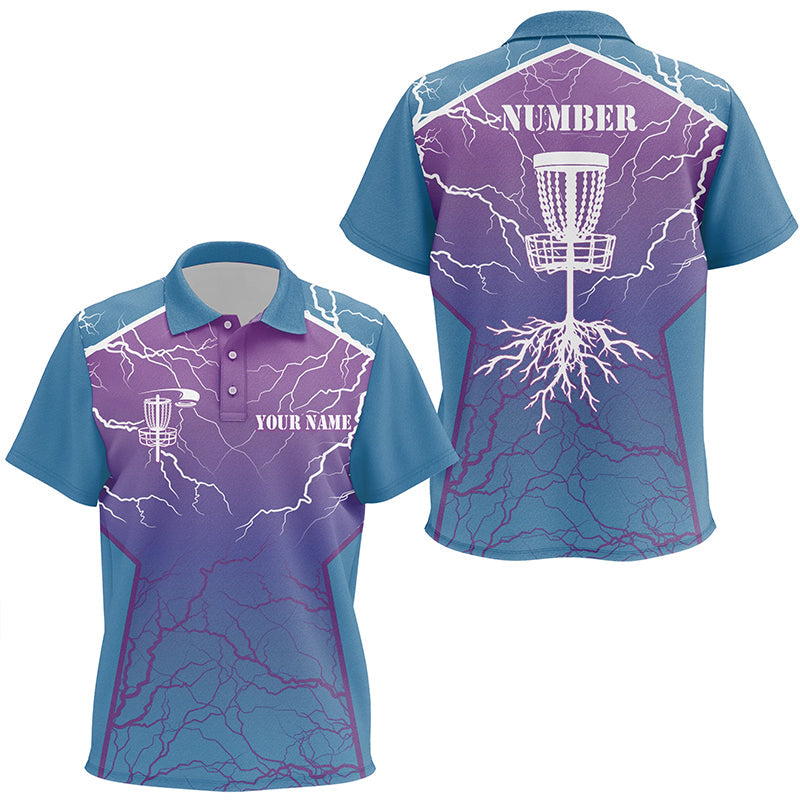 Blue purple Kid Disc golf polo shirts lightning thunder custom disc golf jersey, Disc golf shirt NQS7318