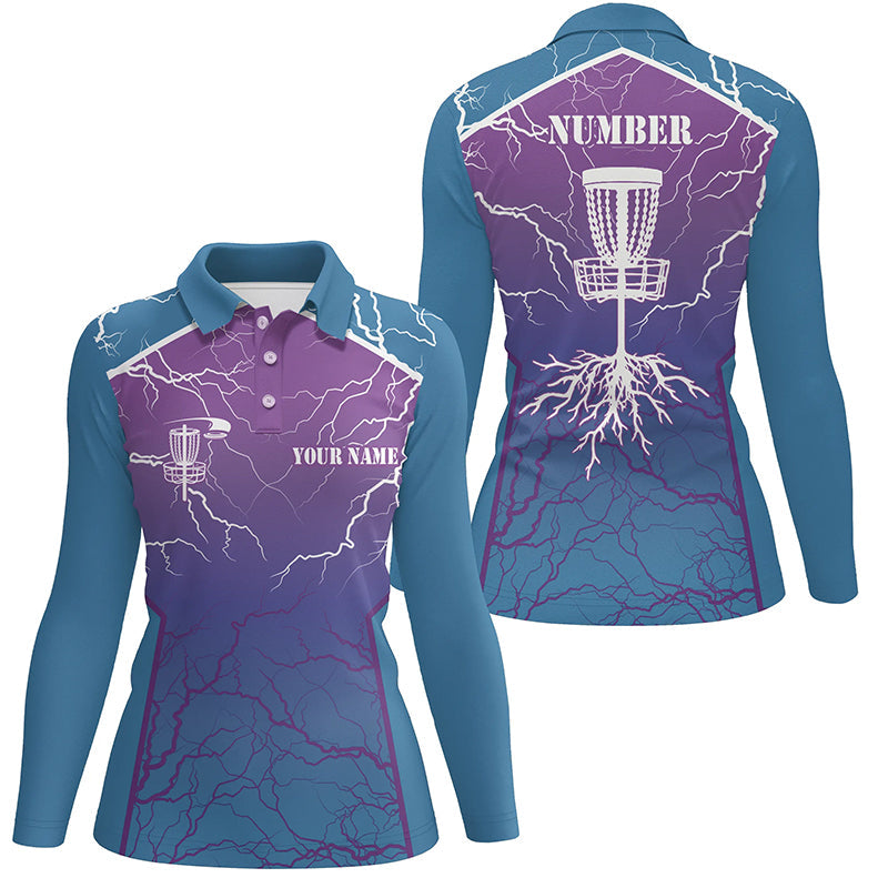 Blue purple Womens Disc golf polo shirt lightning thunder custom disc golf jerseys, Disc golf shirt NQS7318