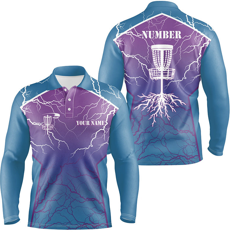 Blue & purple Mens Disc golf polo shirt lightning thunder custom disc golf jerseys, frisbee golf shirt NQS7318