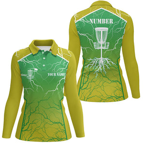 Yellow green Womens Disc golf polo shirt lightning thunder custom disc golf jersey, disc golf shirt NQS7319