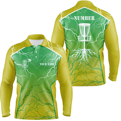 Yellow green Mens Disc golf polo shirt lightning thunder custom disc golf jerseys, disc golf shirt NQS7319