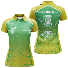 Load image into Gallery viewer, Yellow green Womens Disc golf polo shirt lightning thunder custom disc golf jersey, disc golf shirt NQS7319