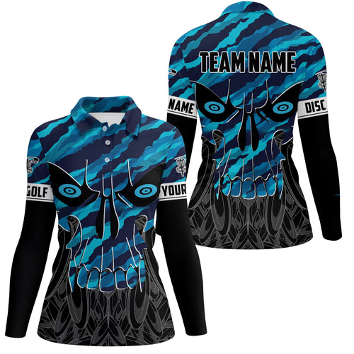 Blue camo Womens Disc golf polo shirts custom skull disc golf jerseys, disc golf shirts NQS7320
