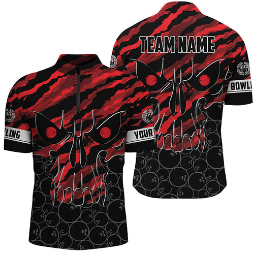 Personalized Skull Bowling Quarter Zip Shirt for men Custom Team's Name Red camo Bowler Jerseys NQS7321