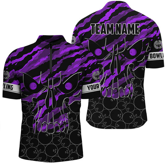 Personalized Skull Bowling Quarter Zip Shirt for men Custom Team's Name Purple camo Bowler Jerseys NQS7322