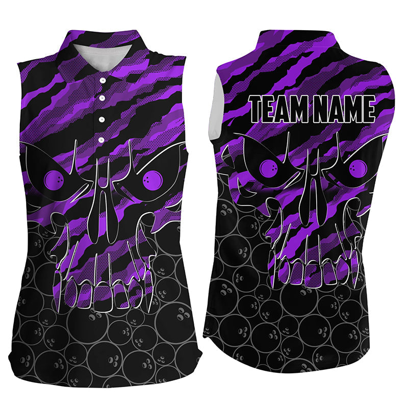 Personalized Skull Bowling sleeveless polo Shirt for women Custom Team Name Purple camo Bowler Jerseys NQS7322