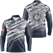 Load image into Gallery viewer, Mens disc golf polo shirt custom name, number camo disc golf jersey, mens disc golf apparel | Blue NQS6436