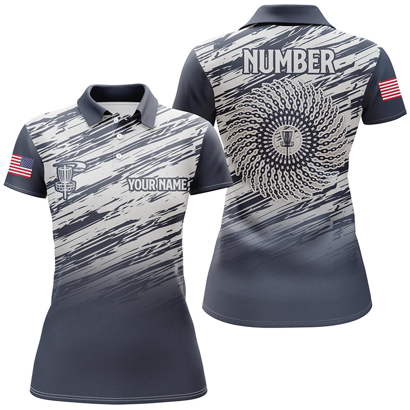 Womens disc golf polo shirt custom name, number camo disc golf jersey, ladies disc golf apparel | Blue NQS6436