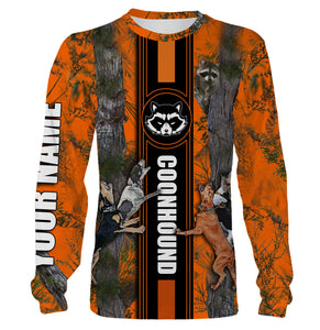 The raccoons hunting coonhound dog orange camo hunting clothes Customize Name 3D All Over Printed Shirts Personalized Hunting gift NQS1026