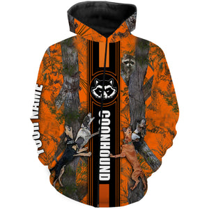 The raccoons hunting coonhound dog orange camo hunting clothes Customize Name 3D All Over Printed Shirts Personalized Hunting gift NQS1026