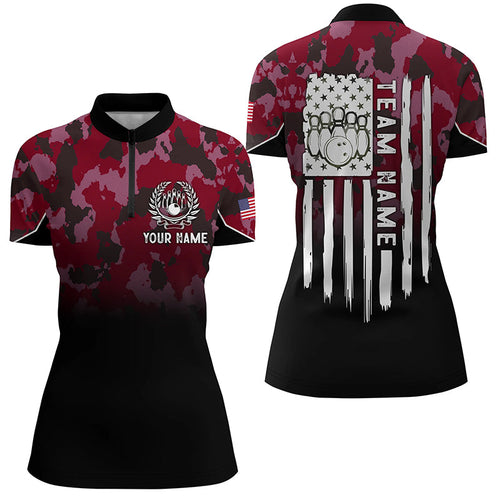 Black red camo Womens bowling Quarter Zip shirt Custom American flag patriotic bowling team jerseys NQS6657