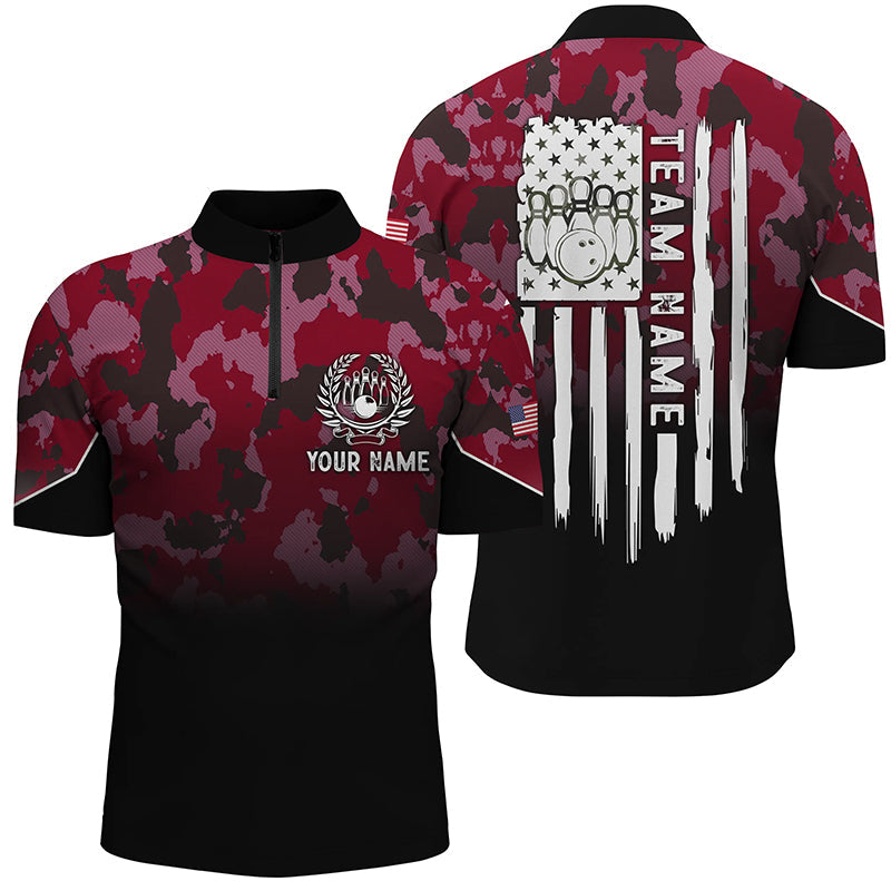 Black red camo Men's bowling Quarter Zip shirts Custom American flag patriotic bowling team jerseys NQS6657