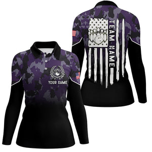 Black purple camo Women bowling polo shirts Custom American flag patriotic bowling team league jerseys NQS6658