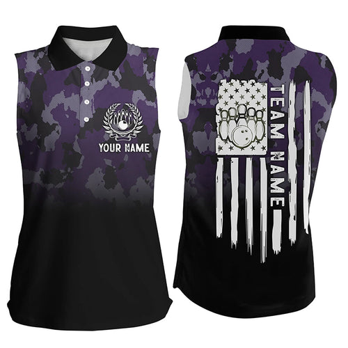 Black purple camo Women sleeveless polo shirts Custom American flag patriotic bowling team jerseys NQS6658